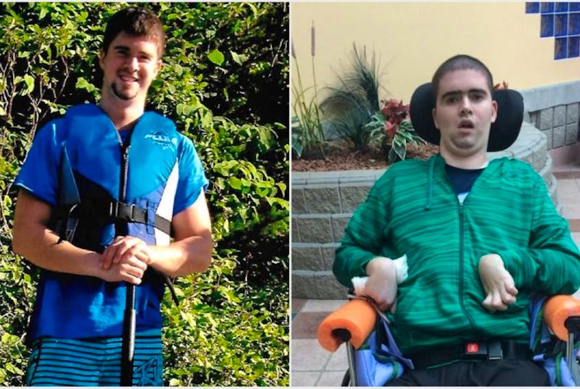 The left photo shows Colby Duffenais, an active young man prior to being struck by a quad, and on the right is a more recent photo of him.