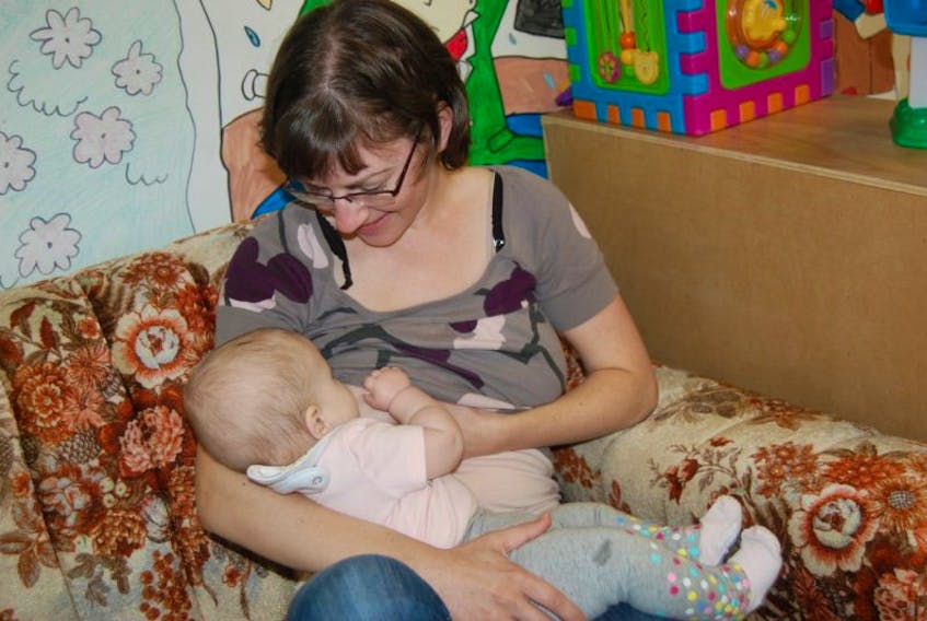 As part of World Breastfeeding Week (Oct. 1-7) the Healthy Baby Club at the Family Resources Centre in Stephenville had a number of mothers come out with their babies to celebrate, including Wendy Brake, seen here with her breastfeeding baby Violette Aucoin, who is seven months old. The Healthy Baby Club is open to pre-natal mothers and post-natal moms and babies. To become part of the club contact a public health nurse at 643-8700 or Sherry Marche at the Family Resource Centre at 649-5009.