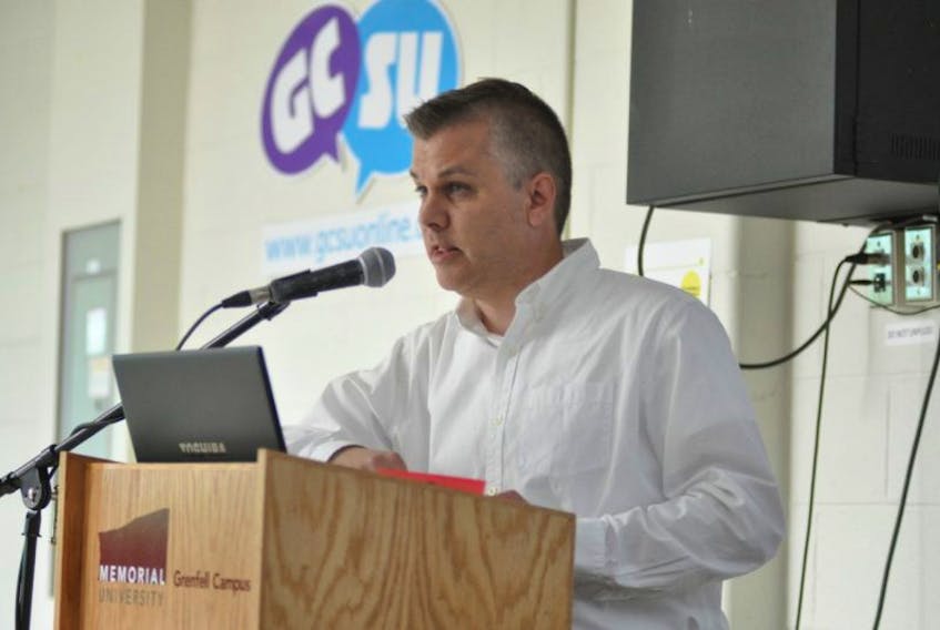 Greater Corner Brook Board of Trade president Sheldon Peddle addresses members during the organization’s annual general meeting at The Grove at Grenfell Campus on Wednesday. Peddle will remain in the president’s position for this year.