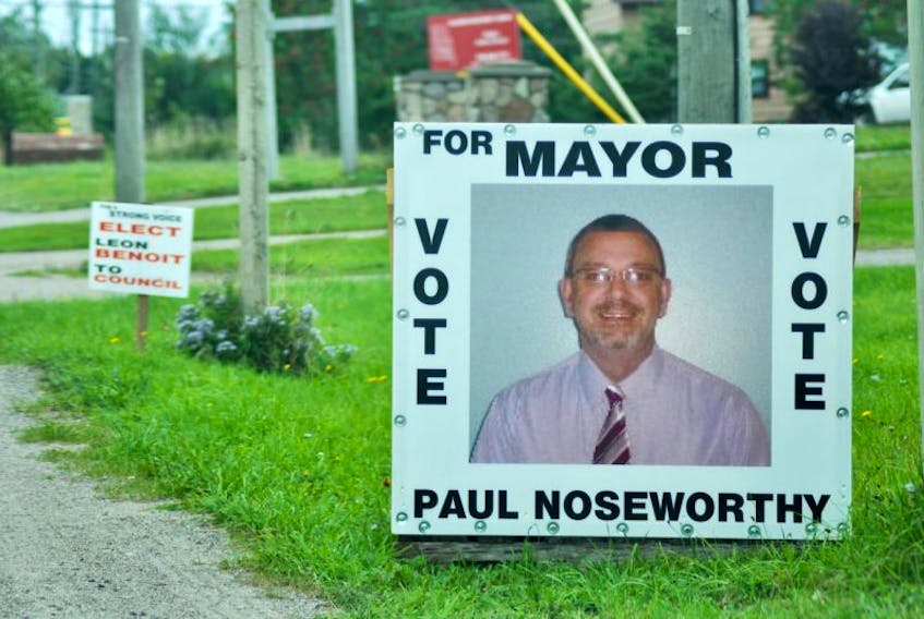 This election sign for Mayor Paul Noseworthy as candidate in the Kippens municipal election near the entrance to the town is believed to be the only one of his signs left standing after 14 of his signs went missing since they were put up. He also had one on his own front lawn knocked down. Noseworthy has reported the matter to the police and anyone with information is welcome to call the local detachment in Stephenville at 643-2118.