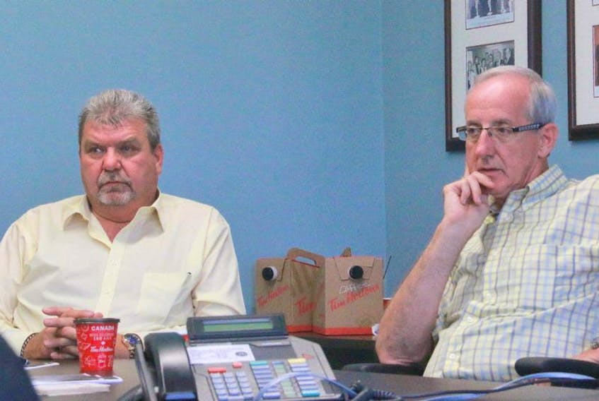 Dave Parsons (right) visited the Town of Deer Lake municipal election information session on Wednesday afternoon and present Coun. Elmo Bingle answered some of his questions about what being on council is all about.
