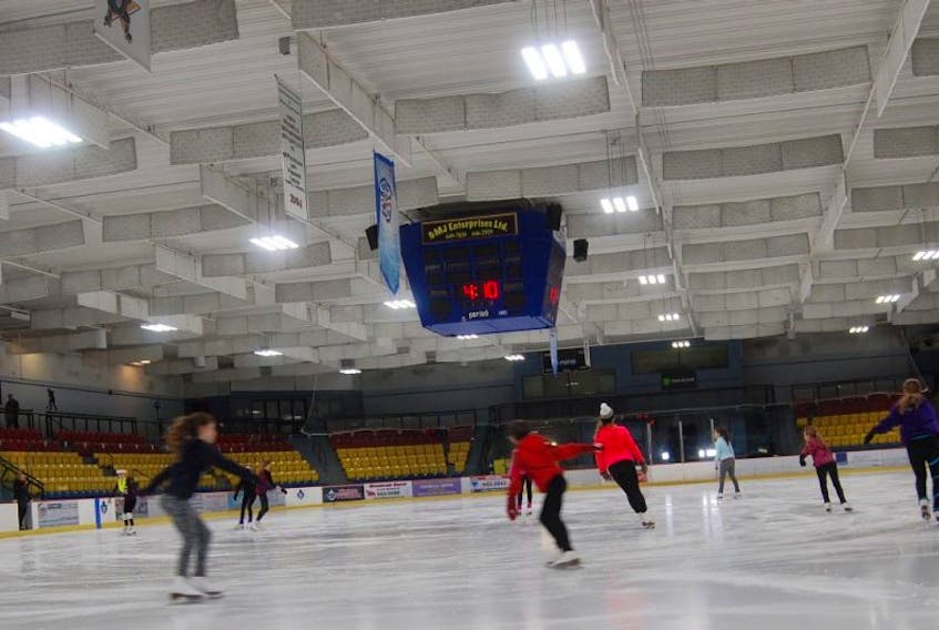 Members of the Stephenville Skating Club practice under the LED lights that were installed in Stephenville Dome last year, which have helped cut the electrical bill by about a third.