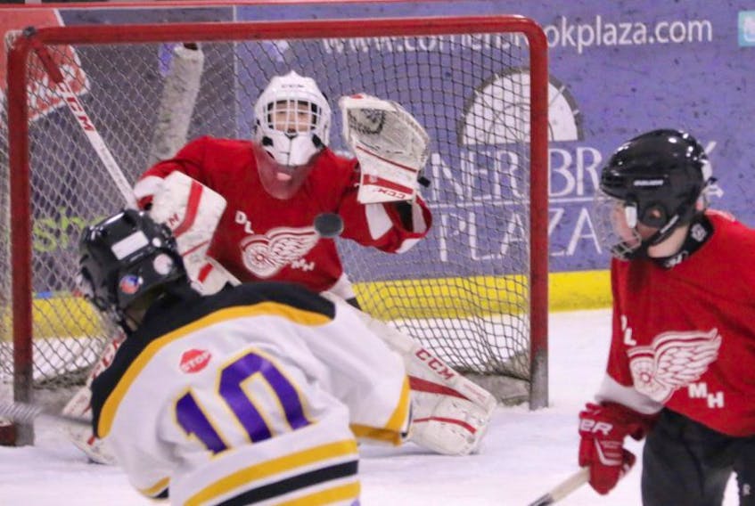 Deer Lake Red Wings goalie Andrew White makes a save on Adam Pinsent of the Gander Flyers while Deer Lake’s Dominic Taylor keeps an eye on the puck during a round-robin game at the provincial peewee C hockey tournament Monday at the Hodder Memorial Recreation Complex.