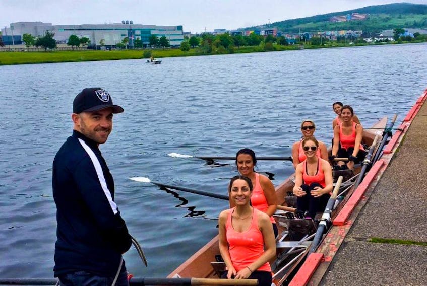 Members of the Barry Group women’s rowing team out of the Humber Valley Rowing Club, with coxswain Jeff Griffin, pose for a team photo on Quidi Vidi Lake in St. John’s after the Time Trials for the 2017 Royal St. John’s Regatta last month. Team members include, from front, Sarah Rowe, Meaghan Brown, Katie Allen, Jessica Johnson, Stephanie Brake and Amy Barry.
