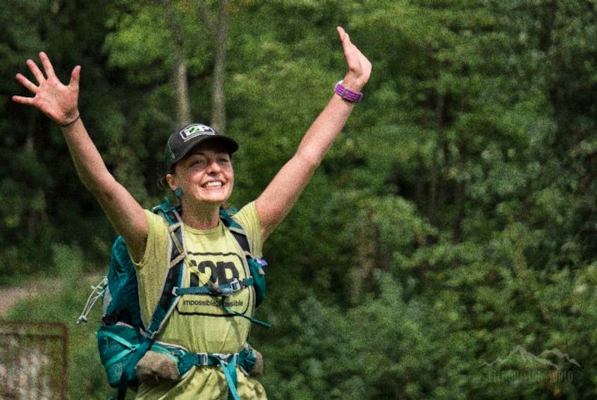 Steady Brook native Kelsey Hogan at the finish line at the 2017 Bad Beaver Ultra in New Brunswick. Hogan tackled her biggest challenge when she participated in an ultramarathon event in Death Valley last year, but now she’s going bigger than ever with the 273-km Grand To Grand Ultra in the Grand Canyon next on her list of things to do.