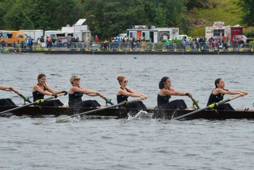 Corner Brook’s Barry Group Inc. members, from left, Amy Barry, Steph Brake, Jessica Johnson, Katie Alteen, Meaghan Brown, Sarah Rowe, and coxswain Jeff Griffin, are shown during the VOCM Female Commerical race at the 2017 St. John’s Regatta on Wednesday morning.