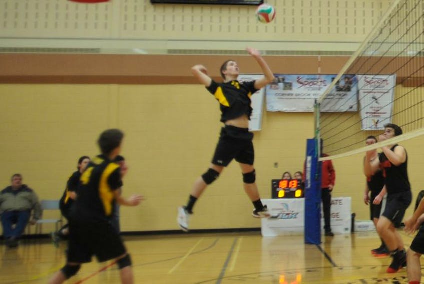 Kyle Edison of the Corner Brook Regional High School Titans gets ready to hammer down a spike during action Saturday against Holy Spirit High School in the provincial 4A high school boys’ volleyball championship played at Corner Brook.