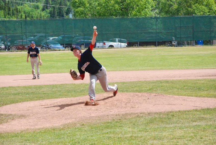 Lefty Matt Colbourne delivers a pitch for the Corner Brook Barons against the Gander Pilots in the final game of the provincial senior B baseball tournament Sunday at Jubilee Field.