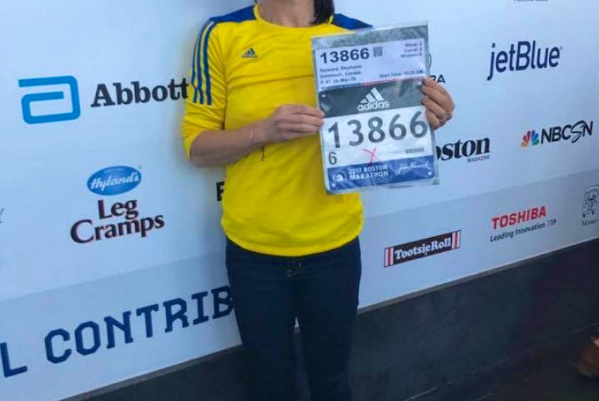 Stephanie Seaward poses for a photo after completing her first Boston Marathon Monday. Competing in the female 40-44 age bracket, Seaward finished 168th out of 7,270 in her division with a final clocking of 3:31.39 in her first appearance in Boston.