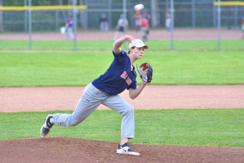 Liam Smith delivers a pitch during a Western Intermediate Baseball League game Wednesday night at Jubilee Field. Smith, along with Aaron Purcell-Pilgrim and Nick Park, will represent Newfoundland and Labrador at the 2017 national 18U baseball championship in London, Ont., later this summer.