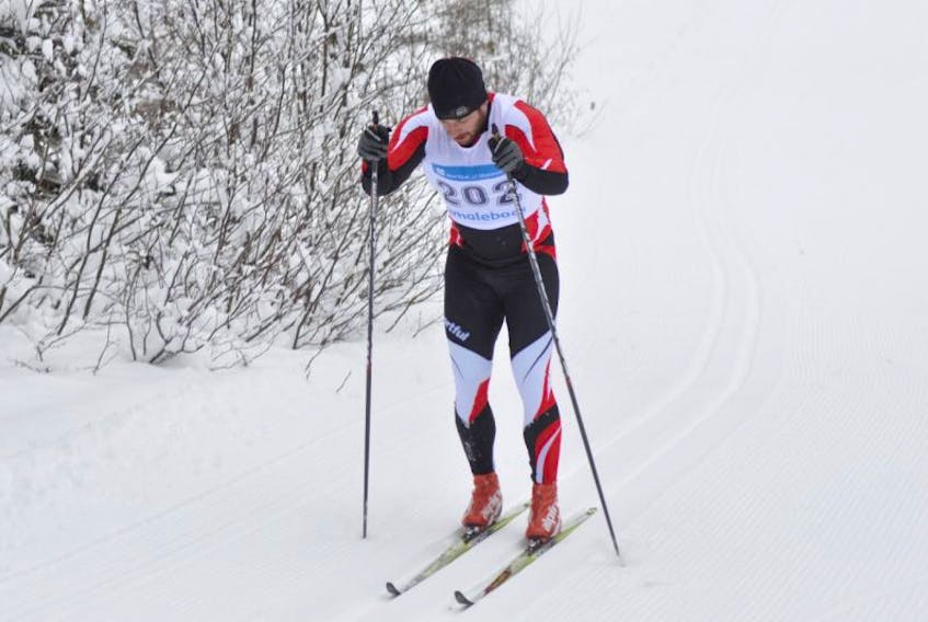 Luke Dunphy of host Whaleback Nordic Ski Club makes his way to a first place finish and is seen here a short distance from the finish line in the Snowy Owl Classic 8.5 km race in Stephenville on Saturday.