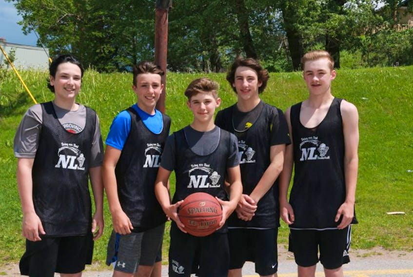 From left, Ryan Legge, Gavin Curtis, Luke Noble, Tyler Stagg and Brayden Coish are five basketball players from Deer Lake who are part of team NL West that will compete at the Summer Showcase U13 basketball event in Montreal.