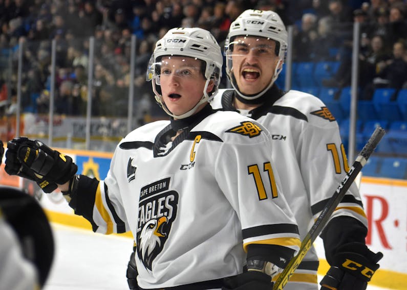 Derek Gentile of the Cape Breton Eagles, right, and teammate Shawn Element celebrate on a goal during the team’s final home game of the 2019-20 season against the Quebec Remparts on March 4, 2020. The QMJHL season was cancelled a week later due to the COVID-19 pandemic. JEREMY FRASER/CAPE BRETON POST.