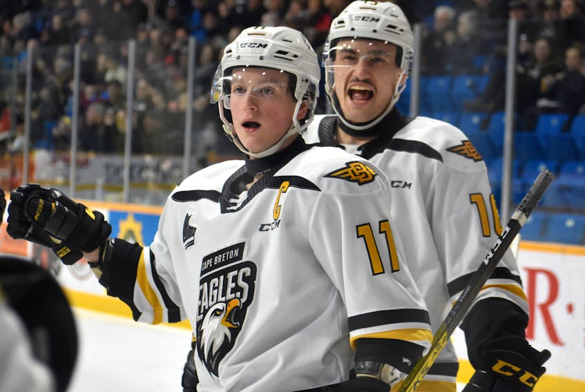 Derek Gentile of the Cape Breton Eagles, right, and teammate Shawn Element celebrate on a goal during the team’s final home game of the 2019-20 season against the Quebec Remparts on March 4, 2020. The QMJHL season was cancelled a week later due to the COVID-19 pandemic. JEREMY FRASER/CAPE BRETON POST.