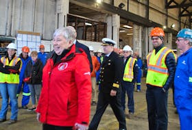 Bernadette Jordan, Minister of Fisheries, Oceans and the Canadian Coast Guard, arrives at Shelburne Ship Repair Monday to announce a $12.1 million contract to retrofit the Canadian Coast Guard Ship (CCGS) the Edward Cornwallis. Tri-County Vanguard - KATHY JOHNSON