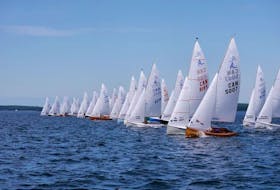 Sailors line up for a race during the 2019 International Albacore Championship sailing regatta hosted by the Shelburne Harbour Yacht Club (SHYC) from Aug 24 to 30. Pauline Rook photo