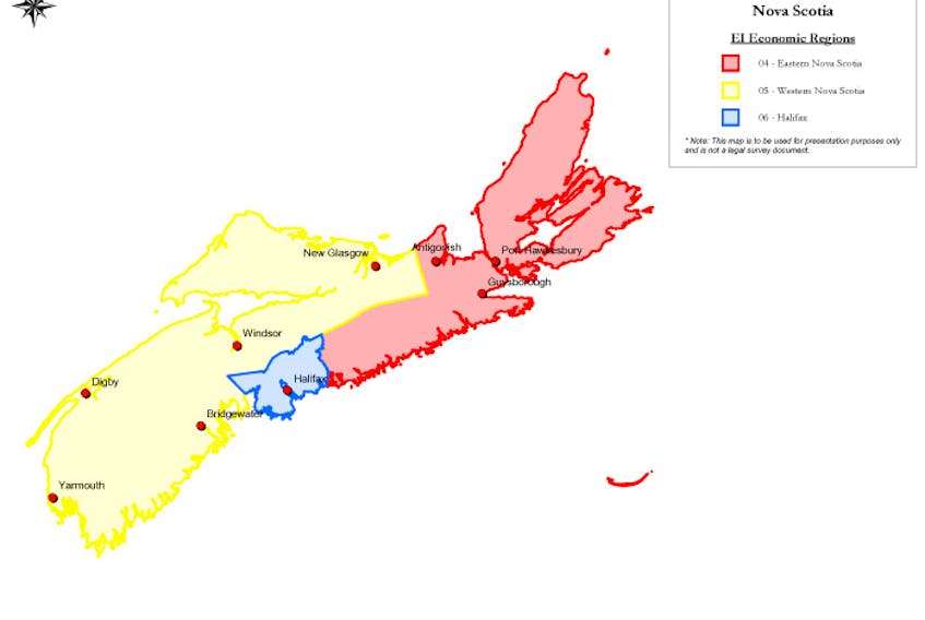 The EI Economic Zones in Nova Scotia. Yellow is Western Nova Scotia. Red is Eastern Nova Scotia. Blue is Halifax. HUMAN RESOURCES AND SKILLS DEVELOPMENT CANADA