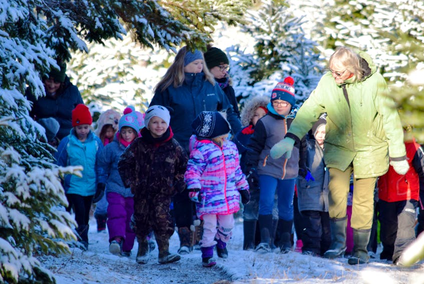 Cindy Embree, right, leads a group of students from Forest Ridge Academy in the woodland road to the family Christmas Tree Farm in East Sable on Dec. 12. The Christmas Tree Farm is just one facet of the Embree’s 500-acre woodlot. Third-generation stewards of the land, they received the Nova Scotia Western Region Woodland Owner of the Year Award in 2019.