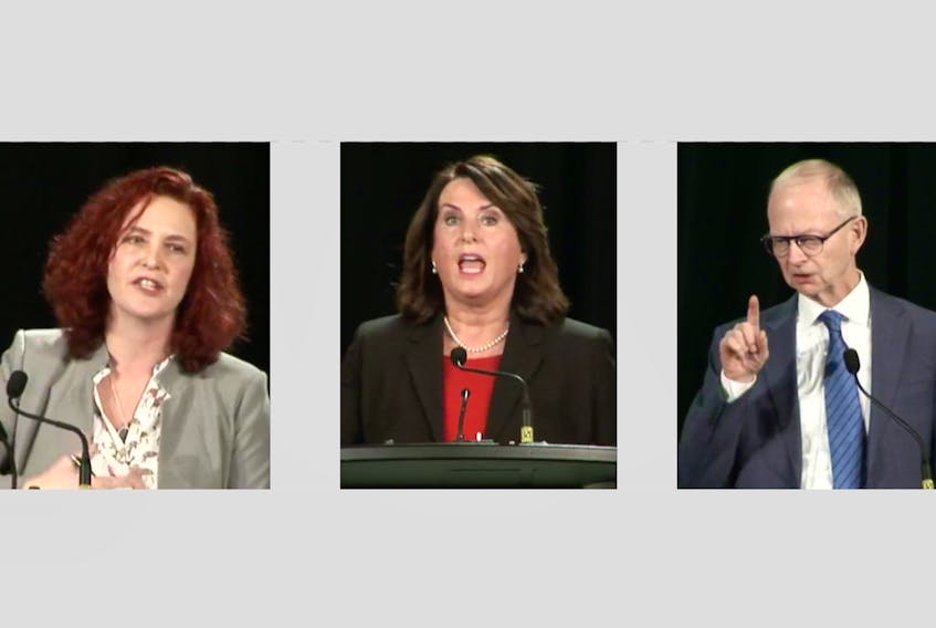 NDP Leader Alison Coffin (left), Liberal St. John’s West candidate, Siobhan Coady, and PC Leader Ches Crosbie square off during the virtual forum hosted by the Newfoundland and Labrador Federation of Labour Tuesday evening. Screen grabs from Facebook Live event.