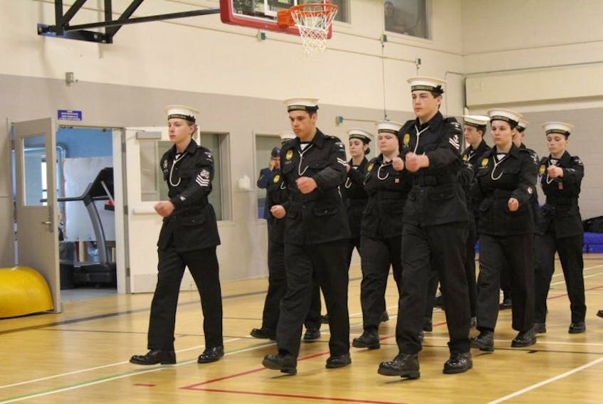 The drill team from 92 Chebogue Sea Cadet Corps in Yarmouth performs a march past during the drill competition at the 14 Wing Challenge Cup in Greenwood on April 23.