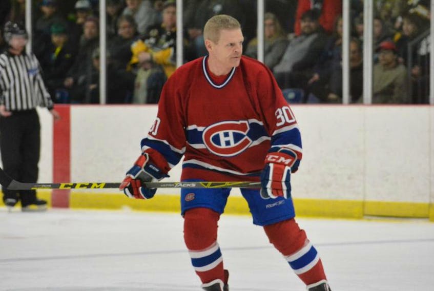 NHL alumni Chris Nilan on the ice in Yarmouth April 7 as part of the Gary J. Surette Memorial Hockey Weekend.