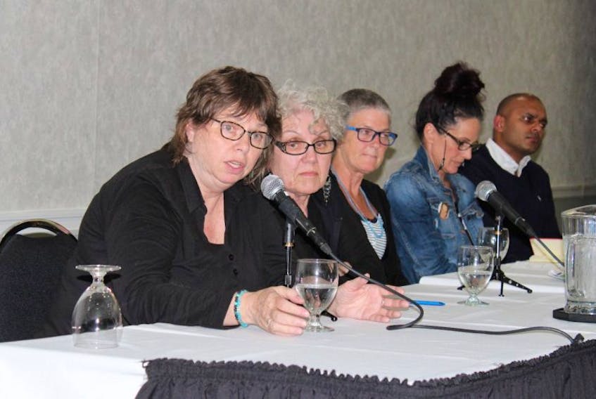 Panellists for a public discussion on sexualized human trafficking and exploitation June 14 in Yarmouth (from left): Linda MacDonald, Jeanne Sarson, Megan Walker, Jennifer Holleman, Simon Häggström.