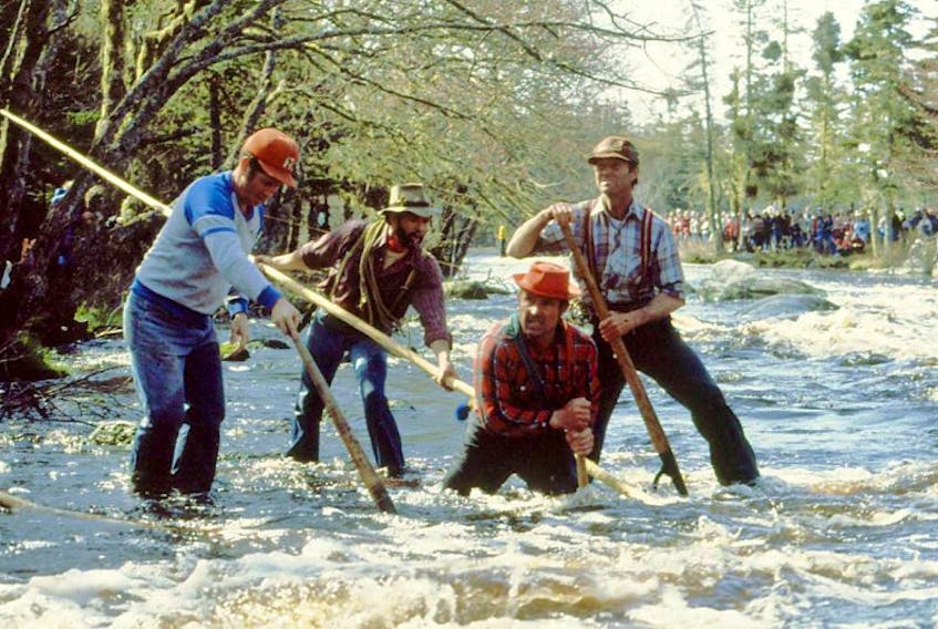 A scene from the Last Log Drive, staged in 1983 by Barrington’s Scott family and filmed by the National Film Board of Canada.  The film will be screened during the Great Canadian Lumberjack Celebration. The screening, as well as stories from some of the log drivers, and music will take place on July 28 at 7 p.m. at the Barrington Municipal Multi Purpose Room in the administrative center.