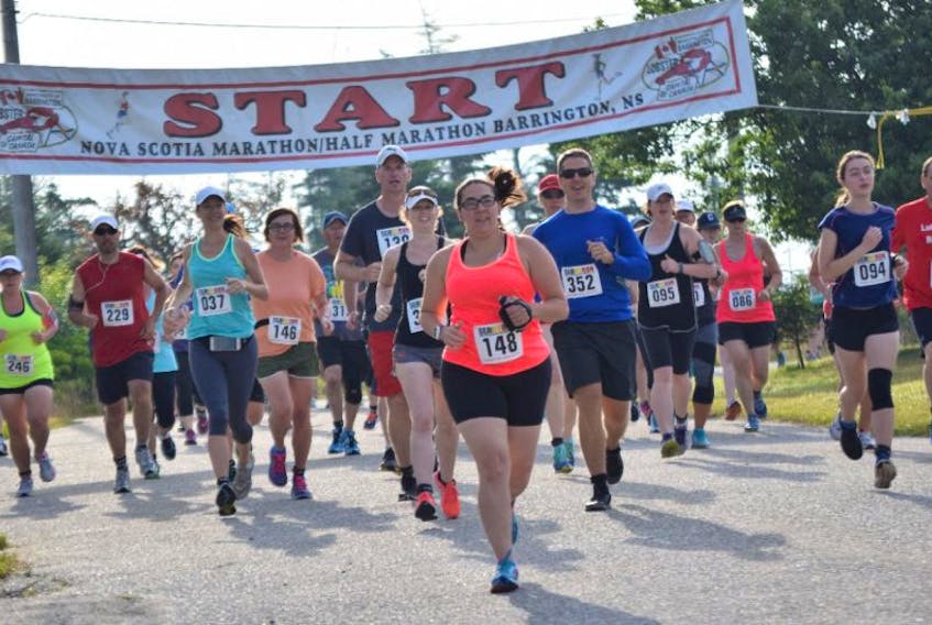 Runners leave the start line at last year’s Nova Scotia Marathon, Half Marathon and 10k on Sherose Island in Barrington Passage. The three running events are on tap this year for Sunday, July 23.