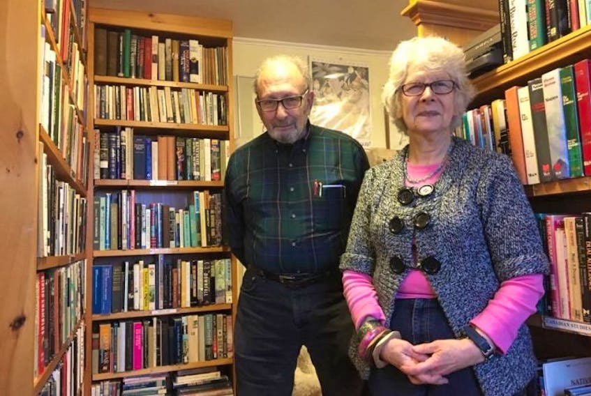 Bill and Bernice Schrank inside their bookshop, Crooked Timber Books, on Water Street in Digby.