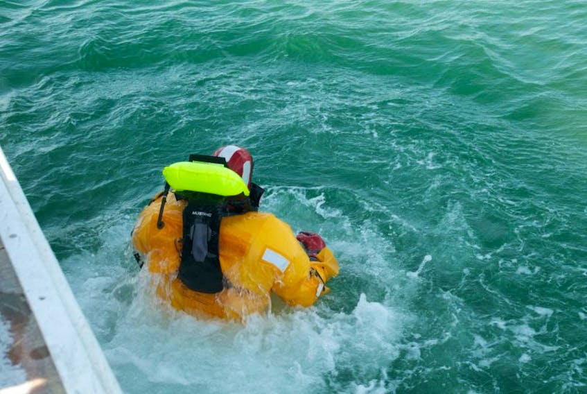 As soon as he hits the water, the lifejacket, which responds to water pressure, inflates on impact.