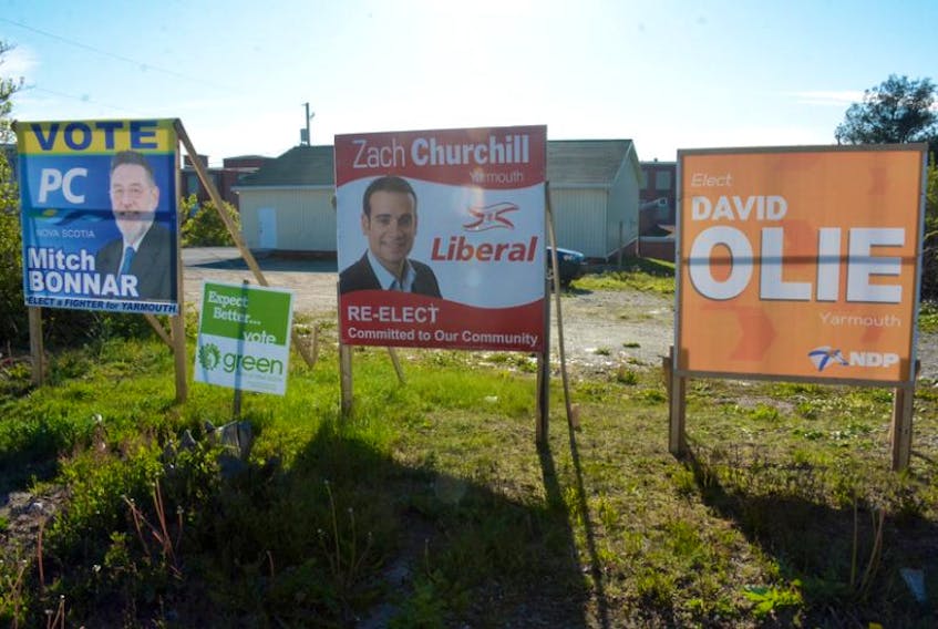 Election signs for the four candidates running in the Yarmouth riding are backlit by the sun. As the sun starts to set Tuesday evening, voting will come to a close at 8 p.m.
