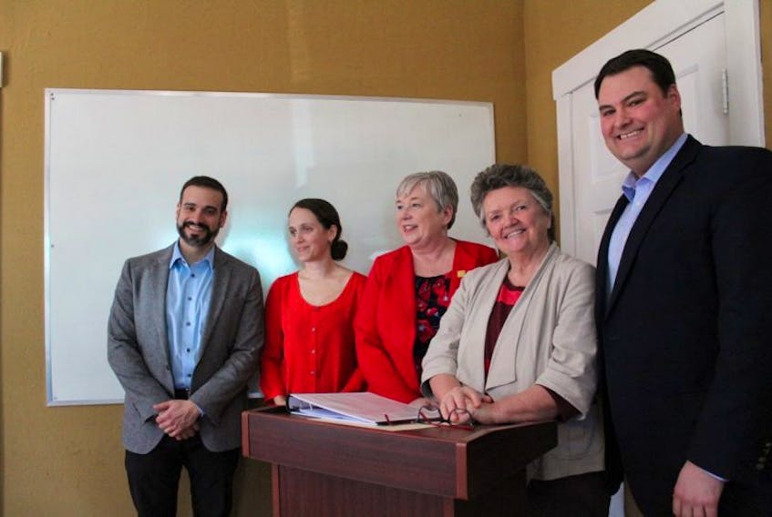 MLA Zach Churchill,  Tri-County Women’s Centre staff member Lisanne Turner, South Shore MP Bernadette Jordan, TCWC executive director Bernadette MacDonald and West Nova MP Colin Fraser were on hand for a funding announcement of $75,929 for the facility last Friday.