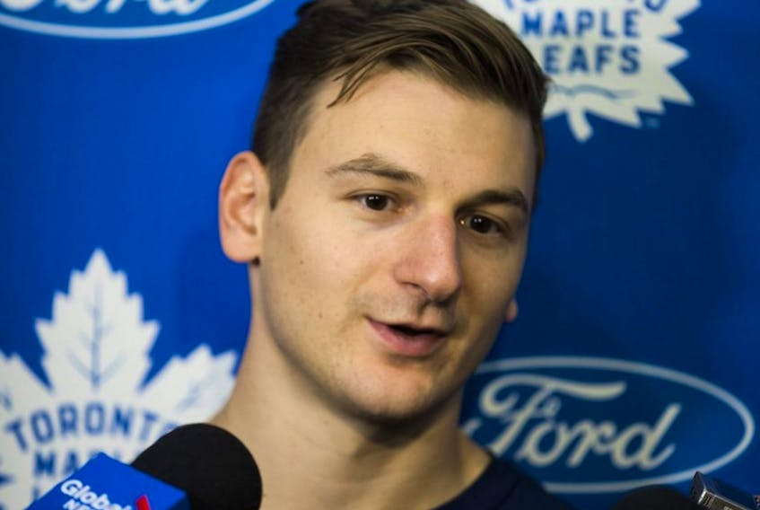 Maple Leafs Zach Hyman talks to media during training camp at the Ford Performance Centre in Toronto, on Sept. 12, 2019.